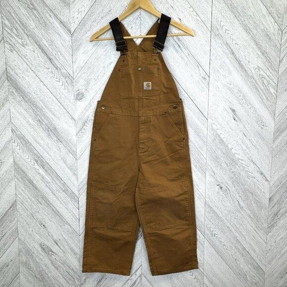 Carhartt Overalls Kids Size 10 Duck Canvas Brown Double Knee Bibs Unlined - Picture 1 of 4